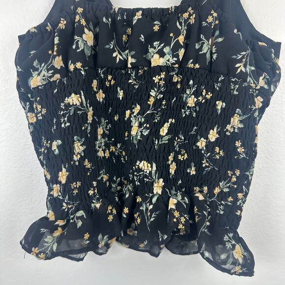 Active USA Womens V-Neck Smocked Ruffle Hem Black Floral Cropped Tank Top Small - Picture 5 of 8